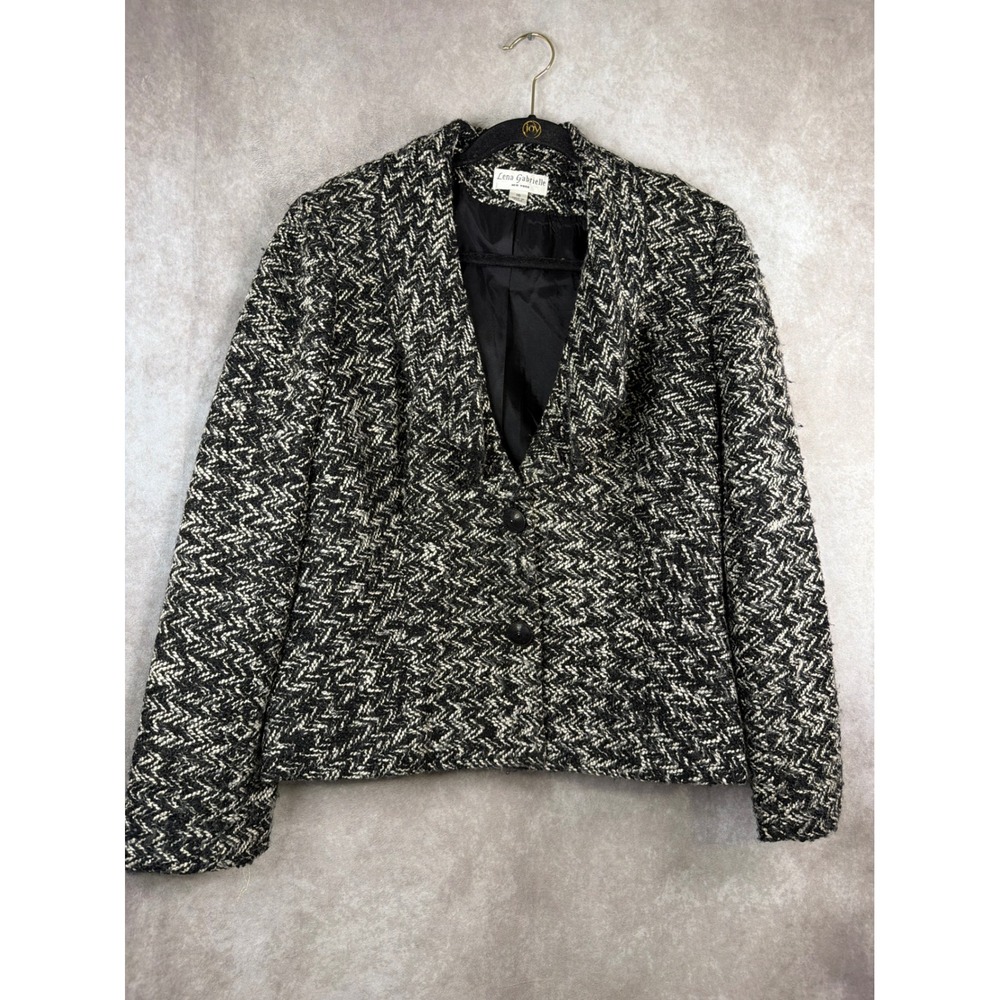 VTG Lena Gabrielle Blazer Women 16 Black White Chevron Tweed Snap Front Jacket